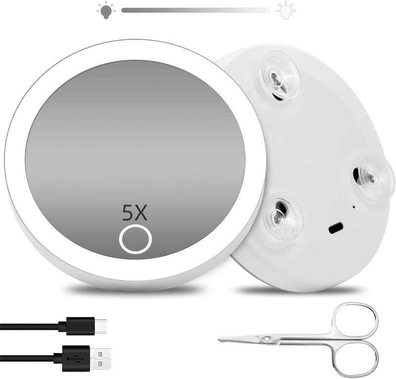 Photo 1 of 5x Magnifying Mirror with Light, Rechargeable 4inch Small Pocket Mirror with 3 Suction Cups, Travel Lighted Makeup Mirror with 5x Magnification, LED Compact Magnifying Mirror with Scissors Sets
