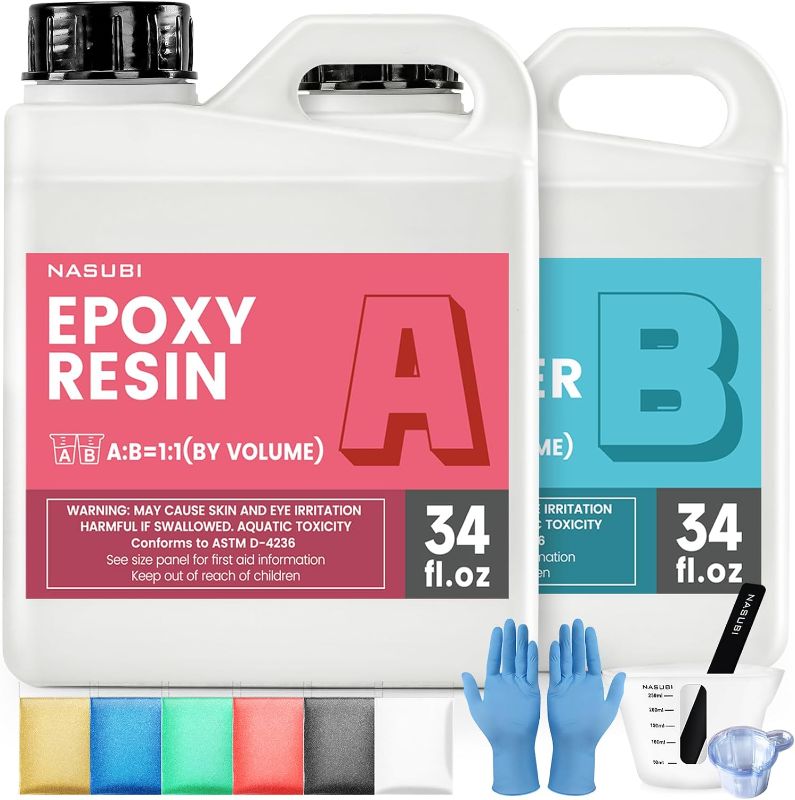 Photo 1 of 68Fl.oz/1.93L Clear Epoxy Resin Set - Upgraded High Gloss Epoxy Resin and Hardener, Minimal Bubbles, UV Resistant, 2 Part Casting Resin Kit for Mold, Wood, Jewelry with Silicone Cups, Sticks
