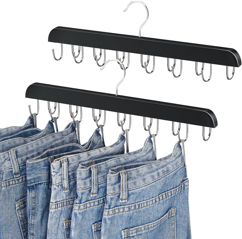 Photo 1 of Jean Hangers for Closet, 14 Wood Jeans Hooks Space Saving, 180° Rotating Jean Hangers for Jeans/Skirts/Shorts/Belts/Ties, Closet Organizers and Storage, Pants Hooks for Jeans, 2 Pack, Black
