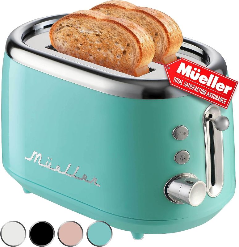 Photo 1 of Mueller Retro Toaster 2 Slice with 7 Browning Levels and 3 Functions: Reheat, Defrost & Cancel, Stainless Steel Features, Removable Crumb Tray, Under Base Cord Storage, Turquoise
