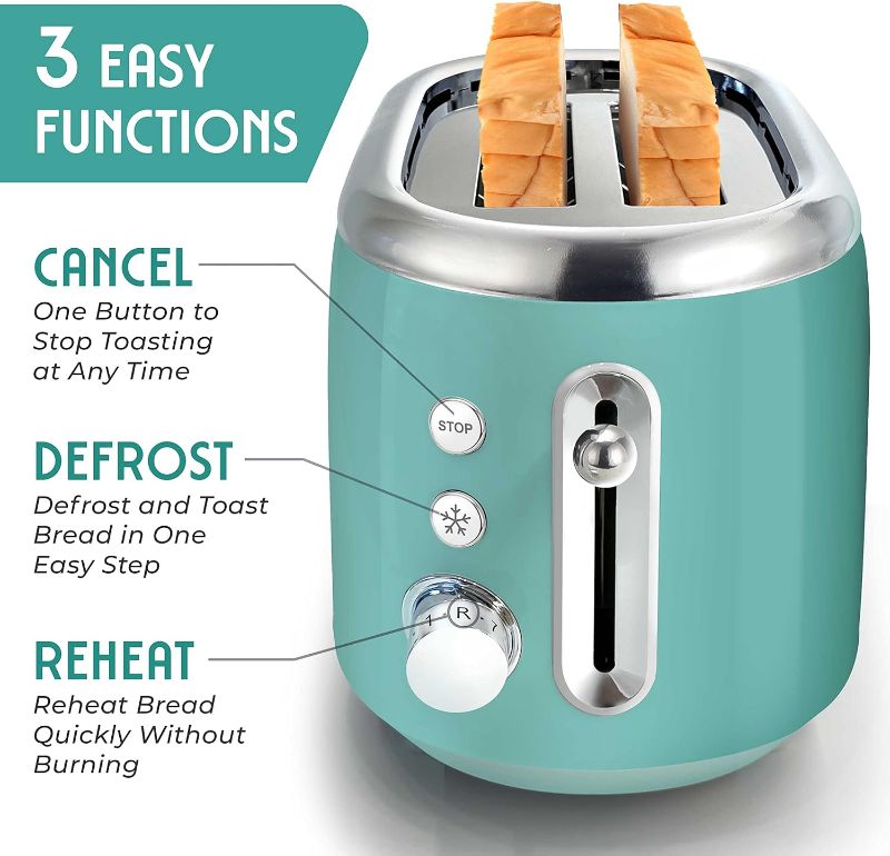 Photo 2 of Mueller Retro Toaster 2 Slice with 7 Browning Levels and 3 Functions: Reheat, Defrost & Cancel, Stainless Steel Features, Removable Crumb Tray, Under Base Cord Storage, Turquoise
