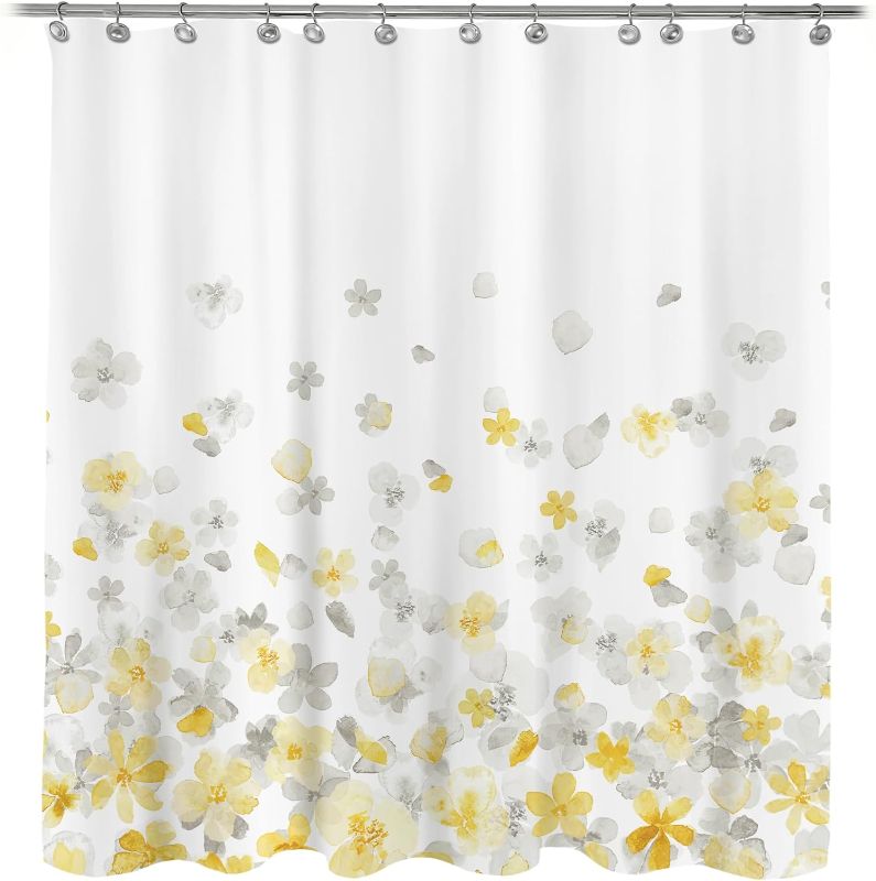 Photo 1 of Floral Fabric Shower Curtain, Design Simple Style Yellow and Gray Flower Blossoms Shower Curtains for Bathroom Decor with White Background, Machine Washable, 71x71 