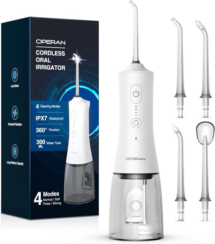 Photo 1 of Operan Water Flossers for Teeth Cleaning Upgraded 300ml Cordless Water Flosser Portable Rechargeable Oral Irrigator with 4 Modes 4 Jet Tips IPX7 Waterproof Water Dental Flosser for Home Travel (White)
