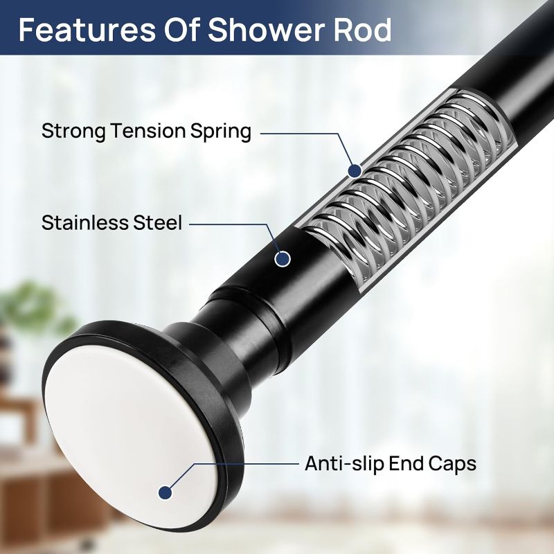 Photo 2 of Matte Black Shower Curtain Rod 33 to 75 Inches, 1 Inch Adjustable Spring Tension Curtain Rod No Drill, Stainless Steel Shower Rod for Bathroom, Closet, Window, Room Divider, Never Rust, Non Slip
