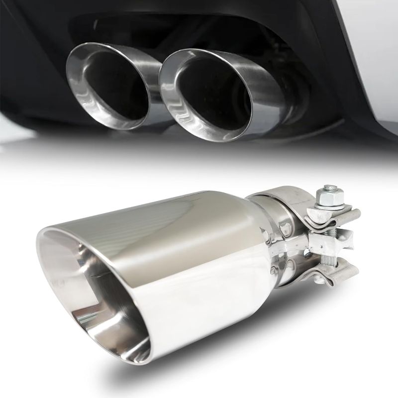 Photo 1 of 2.5 inch inlet to 3.5 inch Outlet Universal Exhaust Tip with Clamp, Stainless Steel Polished Exhaust Tail Pipes With Double Wall Slant Cut Exhaust Tail Tip(7.5"/190mm Long)
