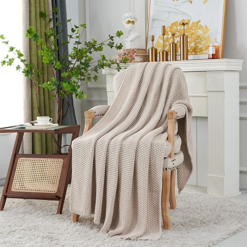 Photo 1 of Longhui bedding Chunky Cable Knit Throw Blanket Lightweight Beige 100% Organic Cotton Blanket for Sofa Couch Bed Baby Nursery, Rustic Shabby Chic Modern Farmhouse, 51” x 63” Give Laundering Bag
