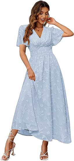 Photo 1 of (M) Simplee Women's Boho Floral Maxi Dress Flowy Casual V Neck Short Sleeve Wedding Guest Holiday Beach Long Dress- size medium
