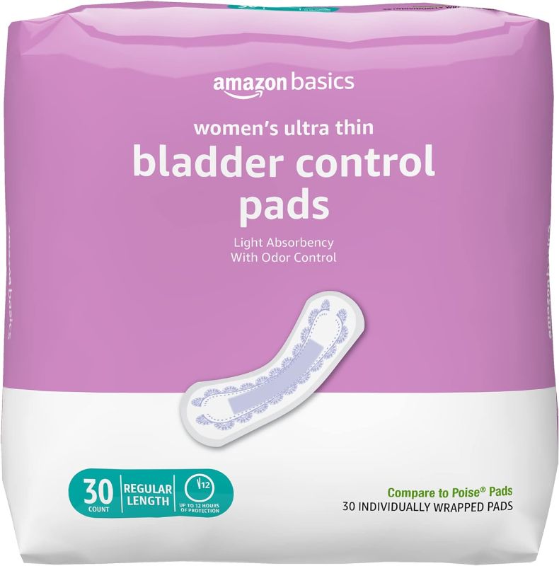 Photo 1 of Amazon Basics Incontinence, Bladder Control & Postpartum Pads for Women, Maximum Absorbency, Regular Length, Unscented, 30 Count (Pack of 1), (Previously Solimo)
