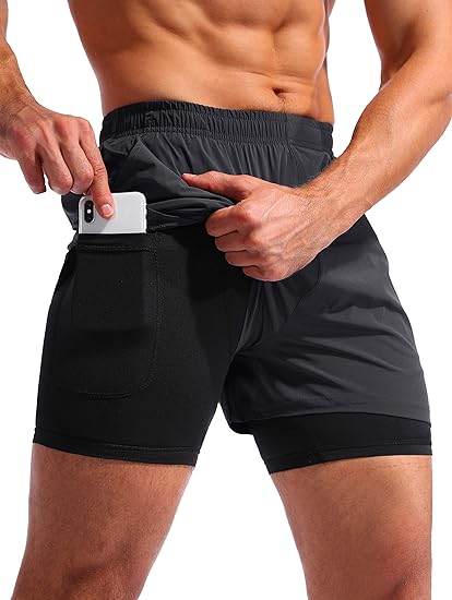 Photo 1 of (M) Pudolla Men’s 2 in 1 Running Shorts 5" Quick Dry Gym Athletic Workout Shorts for Men with Phone Pockets