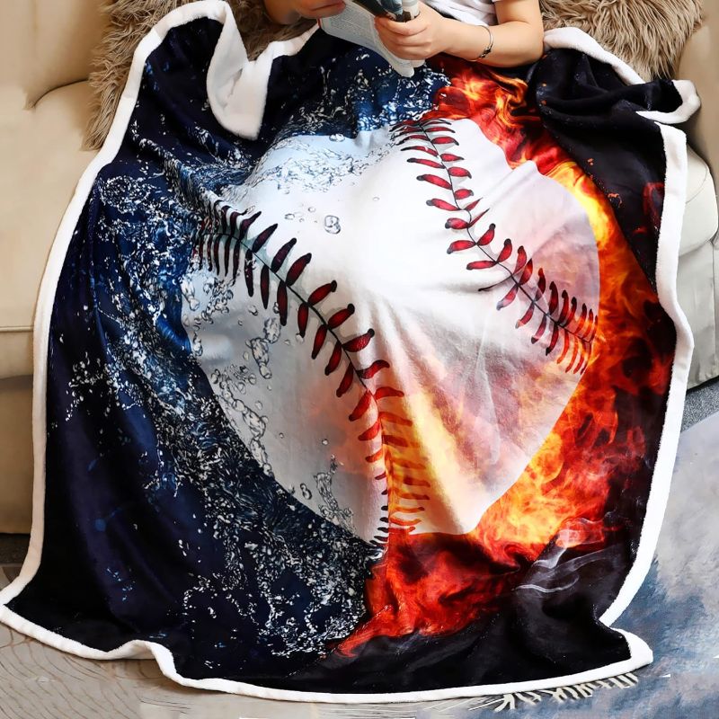 Photo 1 of Baseball Blanket 3D Print Baseball Throw Blanket Gifts for Boys White Ball in Fire and Water Soft Sport Throw for Kids and Adults All Season Couch Bed Sofa Home Decor (50"x60")
