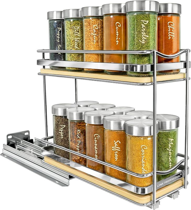 Photo 1 of LYNK PROFESSIONAL® Élite™ Pull Out Spice Rack Organizer for Cabinet - 4-1/4 inch Wide - Slide Out Rack - Wood and Chrome Sliding Spice Organizer Shelf - 2 Tier
