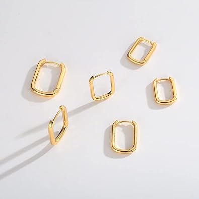 Photo 1 of 2 Pairs 14K Gold Plated Minimalist Hoop Earrings Small Dainty Geometric Square and Rectangle Huggies Hoops for Girls Women Gift, gold, silver and black
