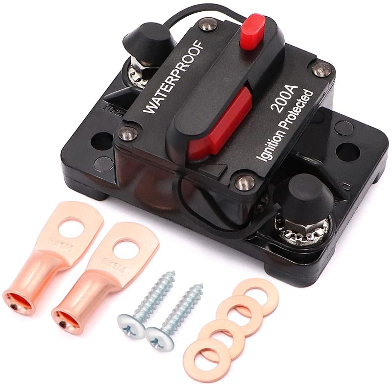 Photo 1 of 200 Amp Circuit Breaker with Manual Reset Wire Lugs Copper Washer and Screws for Car Marine Trolling Motors Boat ATV Manual Power Protect for Audio System Fuse, 12V-48VDC
