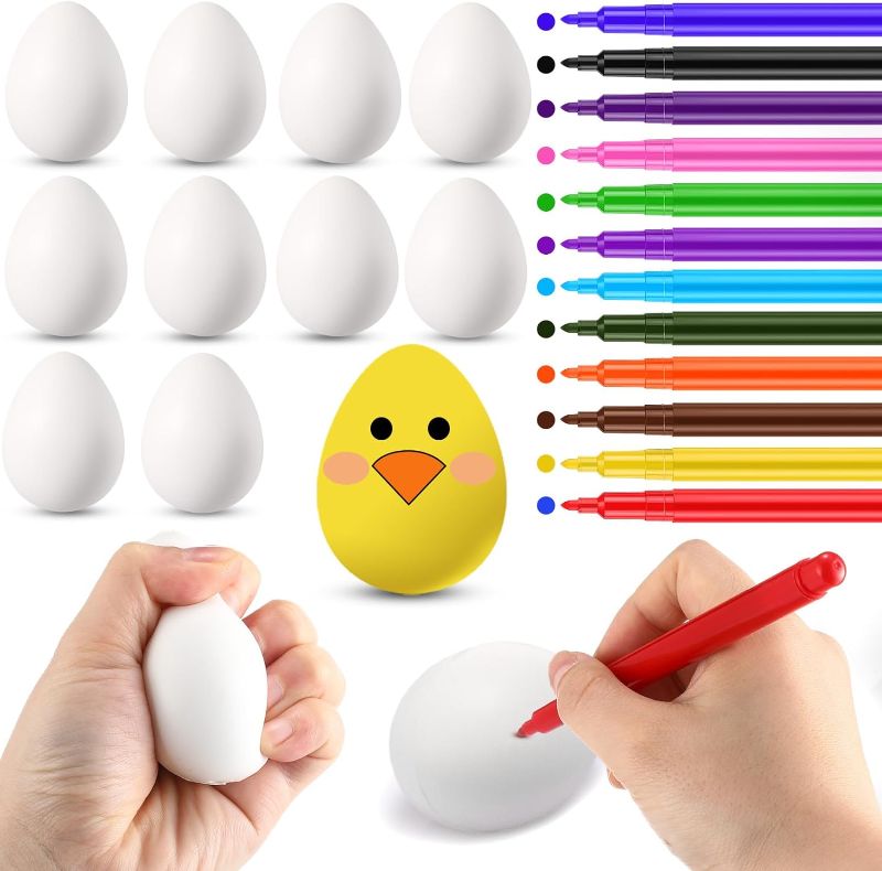 Photo 1 of 24 Pcs DIY Easter Eggs for Kids with 12 Color Markers, White Squeeze Creamy Slow Rising Balls Sensory Fidget for Anxiety Stress Relief Egg Crafts Gifts for Children Classroom Prize
