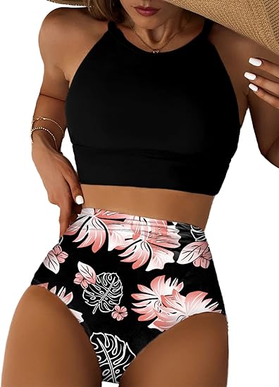 Photo 1 of (M) Herseas Women's Bikini Sets High Neck Tropical Leaf Print High Waisted Two Pieces Swimsuits Bathing Suits

