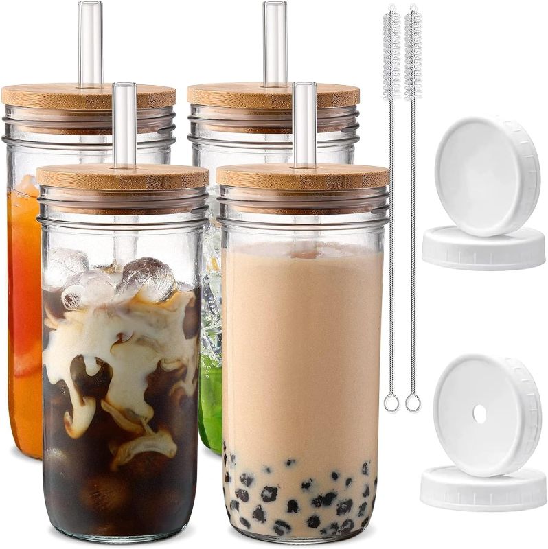 Photo 1 of Glass Cups with Lids and Straws,24oz Smoothie Cup with Lid and Straw-DWTS Boba Mason Jar,Wide Mouth Reusable Drinking Glasses,Iced Coffee Cups Glass,Vasos De Vidrio?4 Pack?
