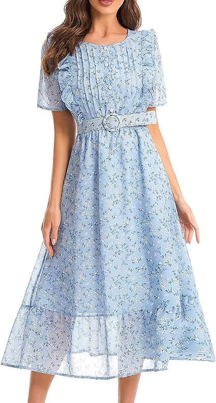 Photo 1 of (S) Shineflow Women's Short Sleeve Button Up Ruffle Chiffon Floral Midi Swing Dress with Belt- small
