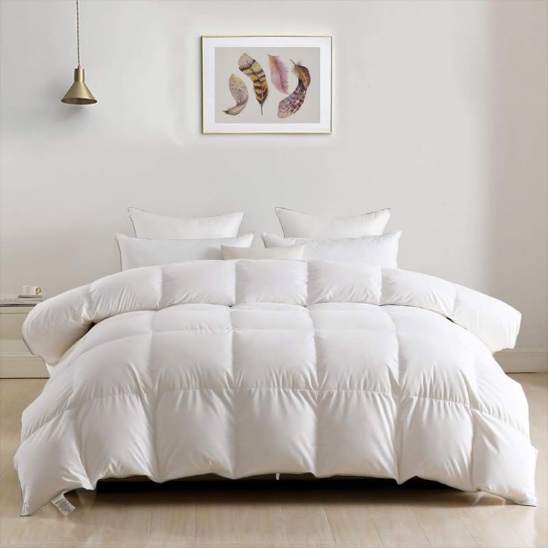 Photo 1 of DWR Luxury Feathers Down Comforter Full/Queen, Hotel-Style Fluffy Duvet Insert, Ultra-Soft Egyptian Cotton Fabric, 750 Fill Power 46oz Medium Weight for All Season(90x90, White)
