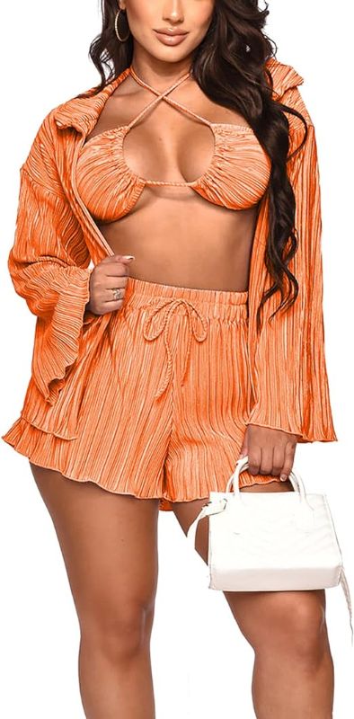 Photo 1 of size small   Bluewolfsea 3 Piece Lounge Sets Sexy For Women Outfits Y2K Sets Long Sleeve Ruffle Pleated Cardigan and Bra Shorts Tracksuits