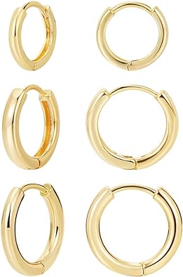 Photo 1 of 3 Pairs 14K Gold Plated Huggie Hoop Earrings for Women, Minimalist Gold Huggie Hoop Earrings, Simple 3 sizes Hoop Earrings for Women Men gift,gold silver rose gold and black
