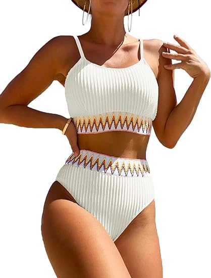 Photo 1 of (L) Women's High Waisted Swimsuit Two Piece Ribbed Bikini Sets Crop Top High Cut Cheeky Bathing Suits
