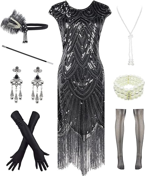 Photo 1 of (M) Letter Love Womens Vintage Lace Fringed Gatsby 1920s Cocktail Dress with 20s Accessories Set- size medium