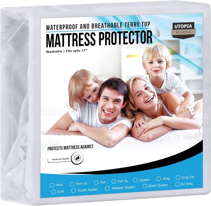 Photo 1 of Utopia Bedding Waterproof Mattress Protector Queen Size, Premium Terry Mattress Cover 200 GSM, Breathable, Fitted Style with Stretchable Pockets (White)
