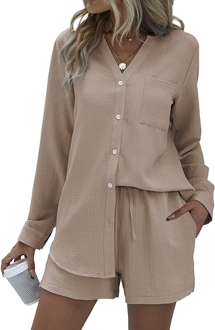 Photo 1 of Size L - Ekouaer 2 Piece Sets Women Summer Outfits Lounge Sets V Neck Button Down Shirt and Shorts Loungewear Pajama Sets with Pockets
