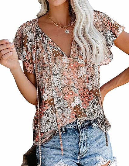 Photo 1 of SimpleFun Women's Boho Tops Floral V Neck Short Sleeve Summer Blouse Shirts- large
