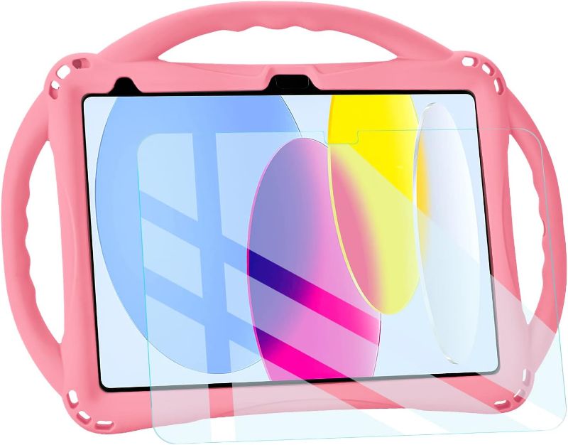 Photo 1 of TopEsct Kids Case for iPad 10th Generation 10.9 inch 2022 with Tempered Glass Screen Protector, Silicone Shockproof iPad 10 Gen Case Comes with Strap(Pink)
