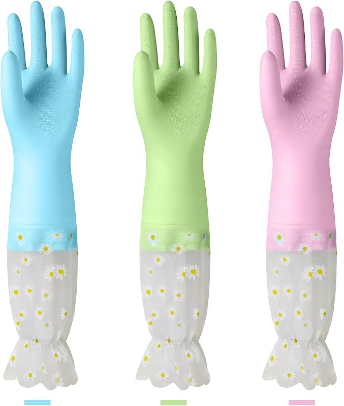 Photo 1 of Dishwashing Cleaning Gloves 3 Pairs-Reusable Cotton Liner Rubber Gloves Long cuff 19.5" Non-Slip Kitchen Gardening Gloves
