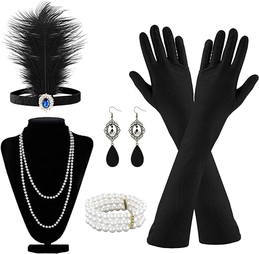 Photo 1 of 7Pcs 1920s Flapper Accessories Set for Women Retro Flapper Headband Black Long Gloves Pearl Necklace Earrings Gatsby Accessories for Women Halloween Cosplay Party
