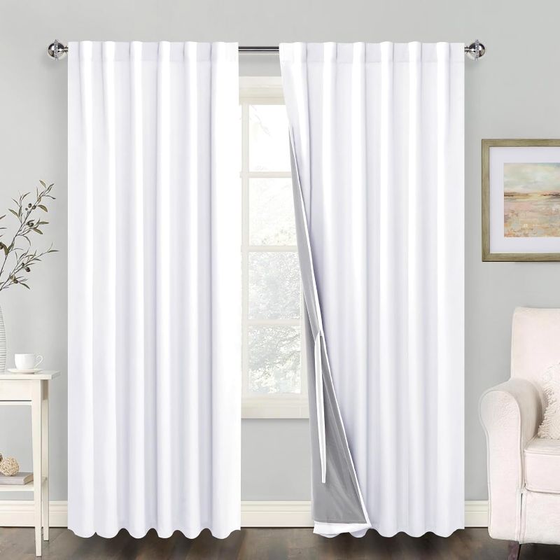 Photo 1 of 100% Blackout Curtains 2 Panels with Tiebacks- Heat and Full Light Blocking Window Treatment with Black Liner for Bedroom/Nursery, Rod Pocket & Back Tab?White, W52 x L84 Inches Long, Set of 2
