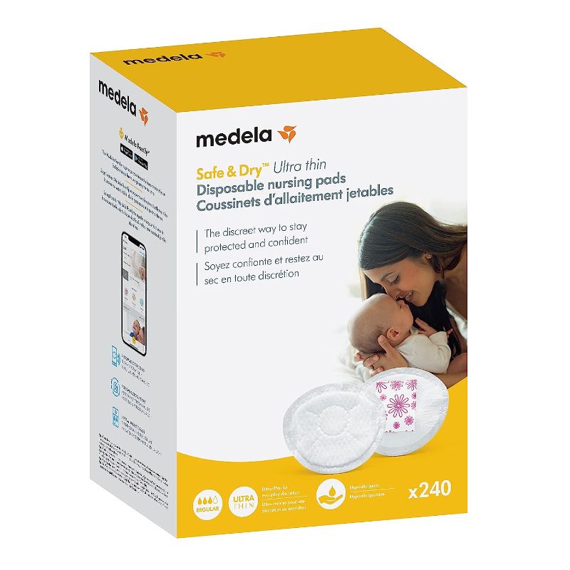 Photo 1 of Medela Safe & Dry Ultra Thin Disposable Nursing Pads, 240 Count Breast Pads for Breastfeeding, Leakproof Design, Slender and Contoured for Optimal Fit and Discretion
