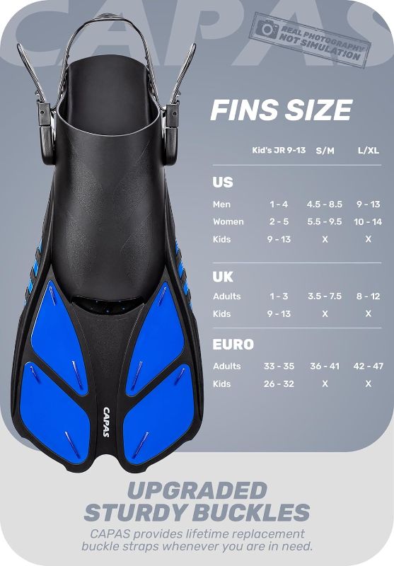 Photo 2 of CAPAS Snorkel Fins, Swim Fins Travel Size Short Adjustable for Snorkeling Diving Adult Men Women Kids Open Heel Swimming Flippers- size S/M
