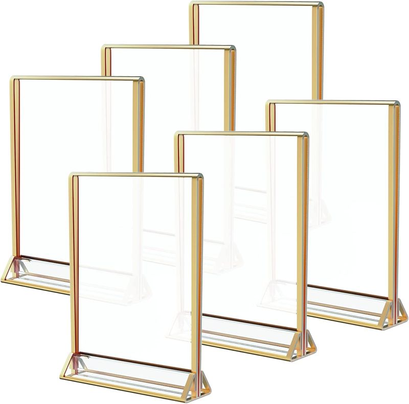 Photo 1 of Acrylic Sign Holder 5x7, Wedding Table Numbers, Gold Picture Frame, Sign Holders, 5" x 7", 6 Pack, 2 Sided Frames, Lucite, Menu Holder Display, Vertical Photo Stand for Centerpieces, Card, Flyer, Art

