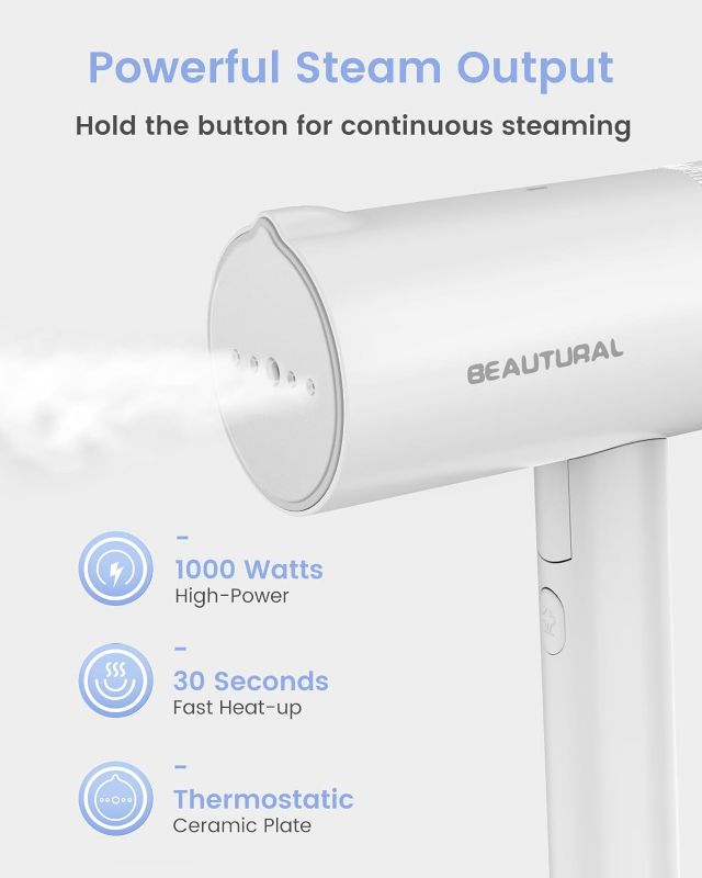 Photo 2 of BEAUTURAL Steamer for Clothes, Foldable Handheld Clothing Wrinkles Remover for Garments, 30-Second Fast Heat-up, Portable Fabric Steamer for 120V Countries, Not for Use in 220V Such as Europe
