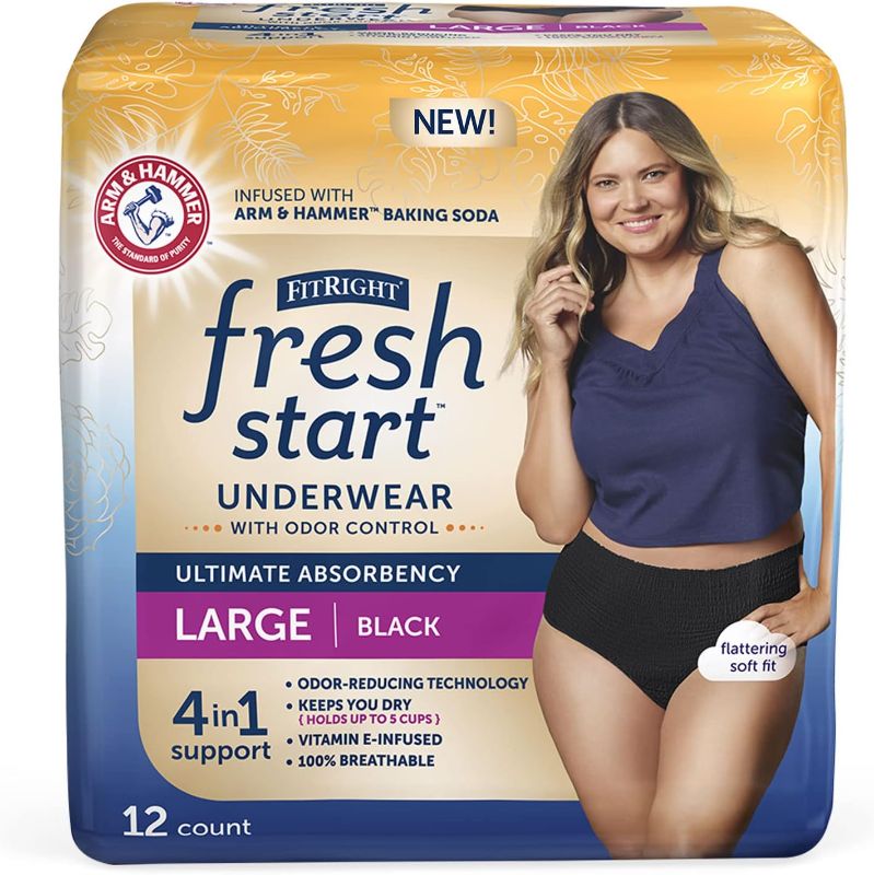 Photo 1 of FitRight Fresh Start Urinary and Postpartum Incontinence Underwear for Women, Large, Black, Ultimate Absorbency, with The Odor-Control Power of ARM & Hammer Baking Soda (12 Count, Pack of 1)
