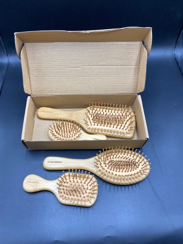 Photo 2 of Bamboo Hair Brush and Comb Set for Women Men and Kids,Natural Bamboo wood Wide-tooth brush and tail comb - Paddle Detangling Brush for Wet Dry Curly Hair
