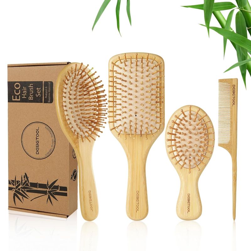 Photo 1 of Bamboo Hair Brush and Comb Set for Women Men and Kids,Natural Bamboo wood Wide-tooth brush and tail comb - Paddle Detangling Brush for Wet Dry Curly Hair
