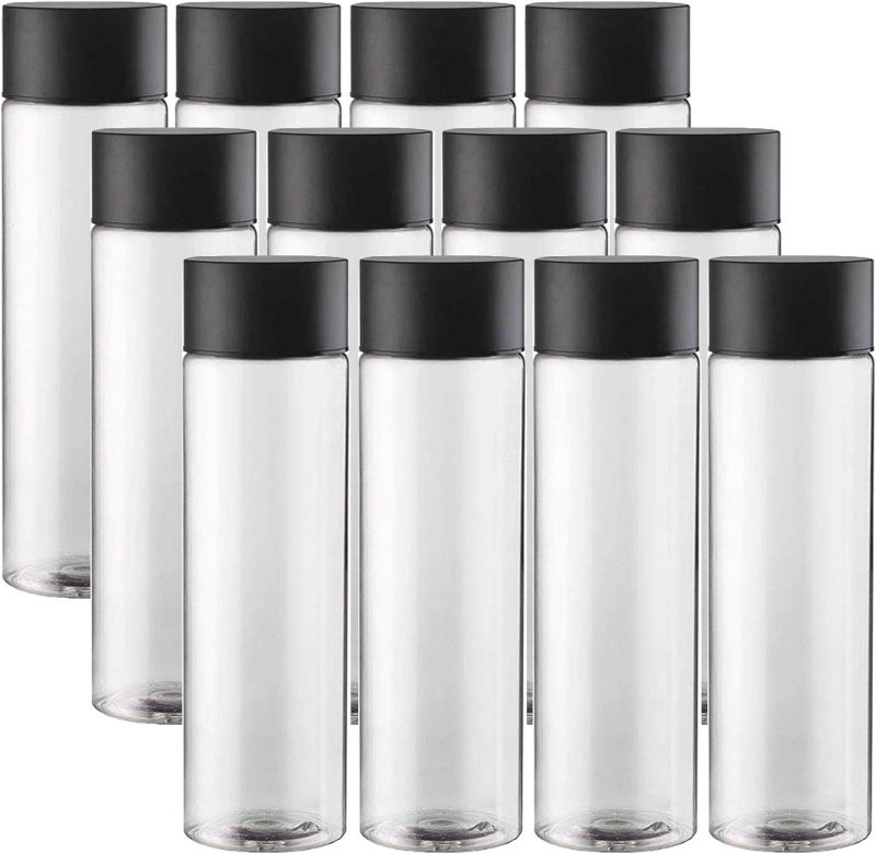 Photo 1 of 12-Pack Bulk Empty Plastic Reusable Juice /Water Bottles to work great as Smoothie Bottles with Black Lids Great for Sensory Crafts and Calming Bottles 400ml
