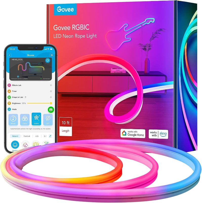 Photo 1 of Govee RGBIC Neon Rope Light, 10ft LED Strip Lights, Music Sync, DIY Design, Works with Alexa, Google Assistant, Neon Lights for Gaming Room Living Bedroom Wall Decor (Not Support 5G WiFi)
