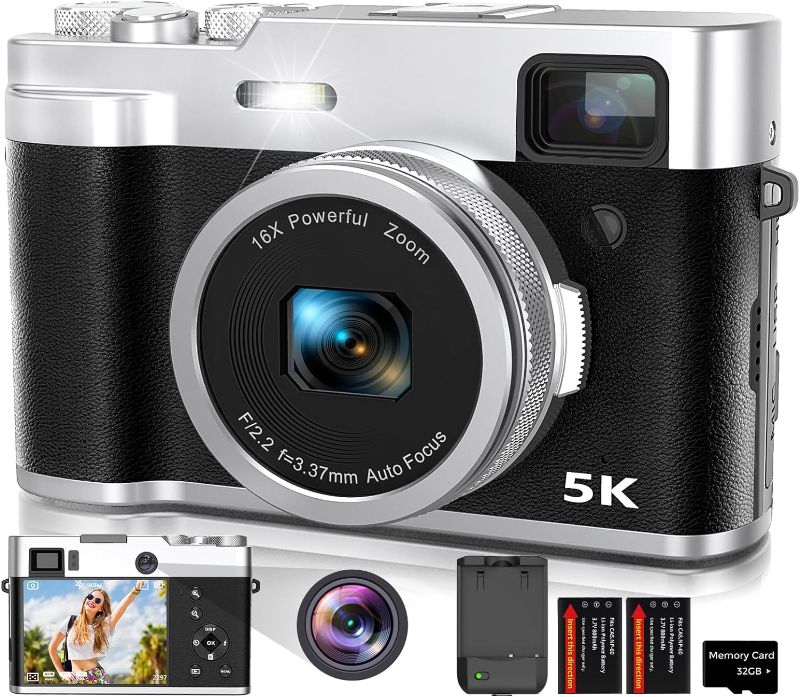 Photo 1 of 5K Digital Camera for Photography with Front and Rear Lens, Autofocus Vlogging Camera for YouTube with Viewfinder, 16X Digital Zoom, Anti-Shake Point Shoot Compact Camera with 32GB Card
