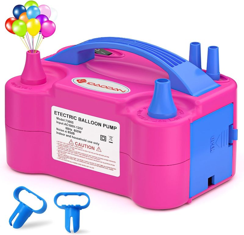Photo 1 of IDAODAN Electric Balloon Pump, Portable Electric Balloon Blower Machine Balloon Air Pump Dual Nozzle Rose Red 110V 600W Balloon Inflator for Party Decorations
