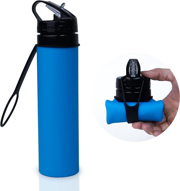 Photo 1 of Collapsible Water Bottles, BPA Free 20 Oz Food Grade Silicone, Leak Proof, Simple Modern Jug - Essentials For Activities Such As Travel, Camping, Hiking, Biking, Sports (Blue)
