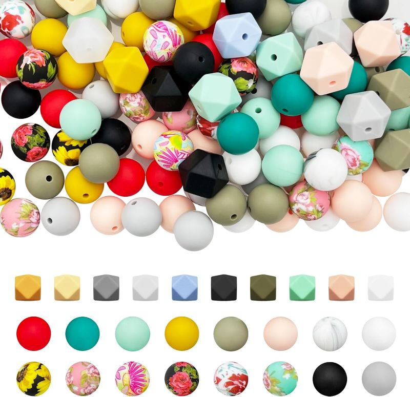 Photo 1 of 150pcs Silicone Beads,15mm Silicone Beads Hexagon 14mm for Bracelet, Keychain Making Kit, Floral Print Bulk Round Rubber Beads, Classic Matching Mixed Color for DIY Jewelry Making
