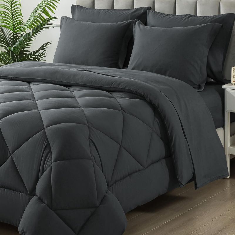 Photo 1 of Queen Size Comforter Set, 7 Pieces Bed in a Bag, Bedding Sets with All Season Soft Quilted Lightweight Comforter, Flat Sheet, Fitted Sheet, 2 Pillow Shams, 2 Pillowcases, Dark Grey
