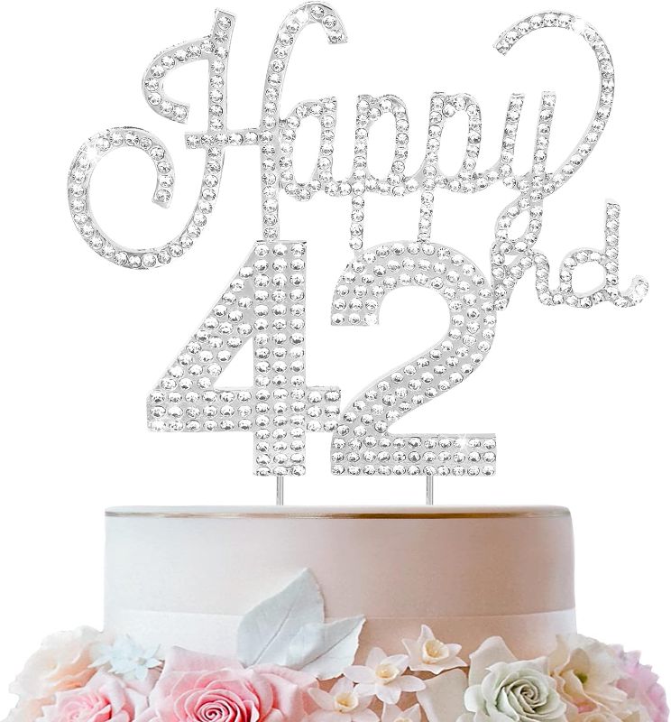 Photo 1 of Happy 42nd Birthday Silver Rhinestone Cake Topper - Cheers to 42nd Birthday 42 Years Old Anniversary Party Cake Centerpieces Topper Decorations Gift Sign.
