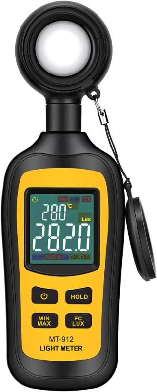 Photo 1 of Light Meter Digital Illuminance Meter Handheld Ambient Temperature Measurer, Range up to 200,000 Lux, Luxmeter with 4 Digit Color LCD Screen
