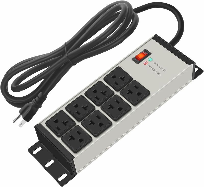 Photo 1 of CCCEI Heavy Duty Power Strip Surge Protector 20 AMP, 8 Outlets 12 Gauge Industrial Shop Garage Metal Multiple Outlets, 6 FT Extension Cord 5-15P Adapter High Amp 6-20R T-Slot 20a for Appliance
